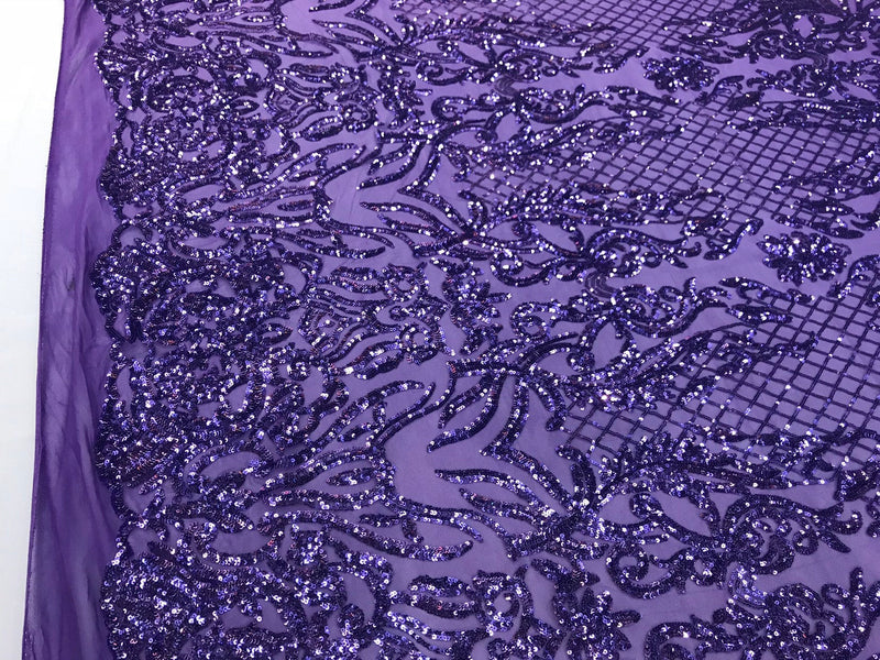 Lavender shiny sequin damask design embroidery on a 4 way stretch mesh-dresses-prom-sold by yard.