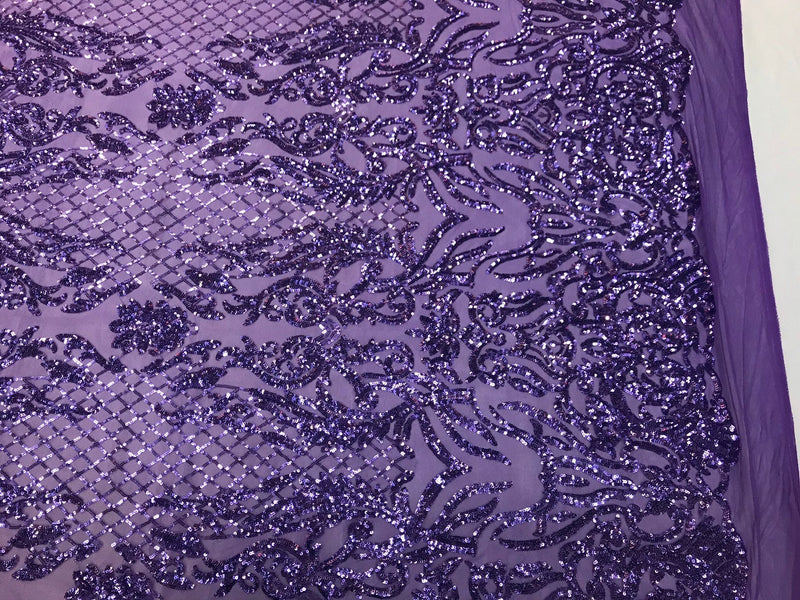 Lavender shiny sequin damask design embroidery on a 4 way stretch mesh-dresses-prom-sold by yard.