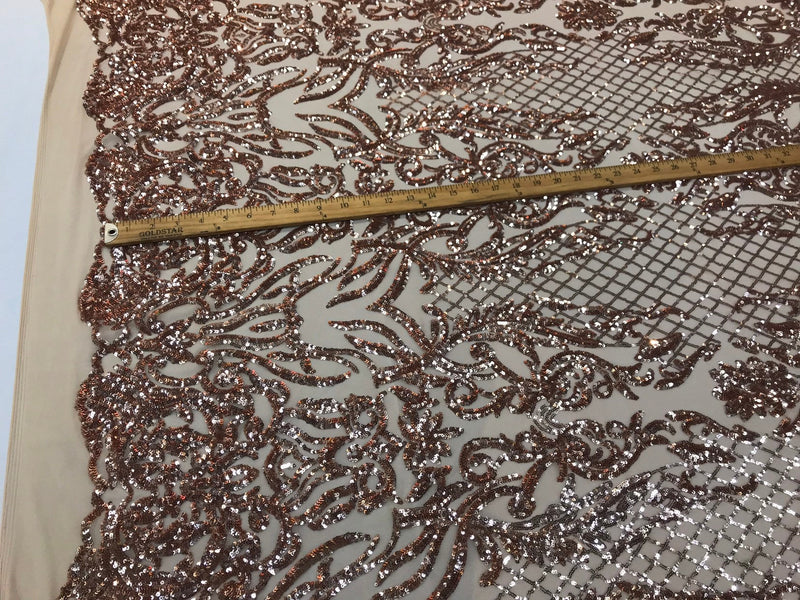 Rose gold sequin damask design embroidery on a 4 way stretch mesh-dresses-prom-sold by yard.