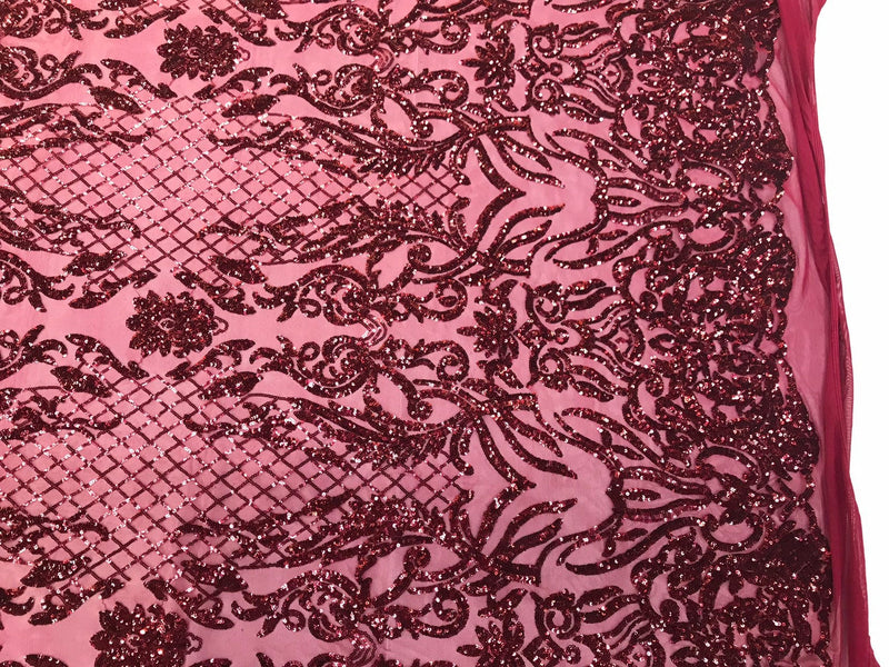 Burgundy shiny sequin damask design on a 4 way stretch mesh-sold by the yard.