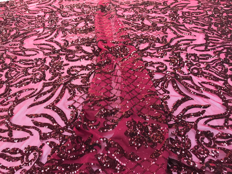 Burgundy shiny sequin damask design on a 4 way stretch mesh-sold by the yard.