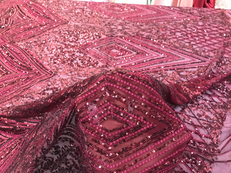 Burgundy sequin diamond design embroidery on a 4 way stretch mesh-sold by the yard.