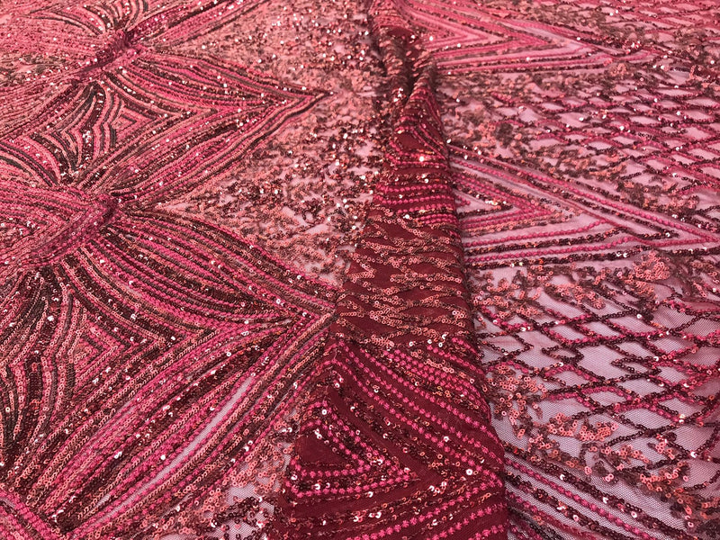 Burgundy sequin diamond design embroidery on a 4 way stretch mesh-sold by the yard.