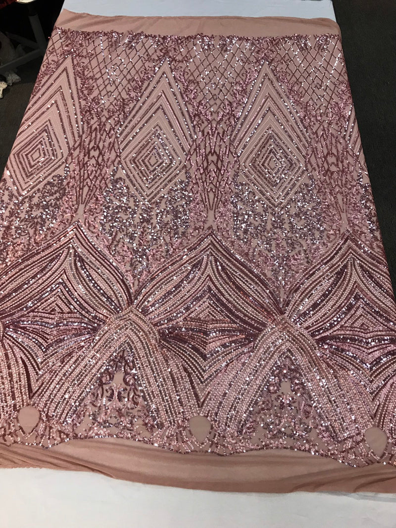 Dusty rose Sequin diamond design embroidery on a 4 way stretch mesh-sold by the yard.