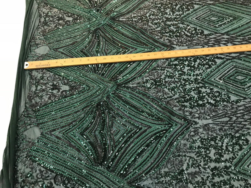 Hunter green sequin diamond design embroidery on a 4 way stretch mesh-dresses-fashion-prom-nightgown-sold by yard-free shipping.