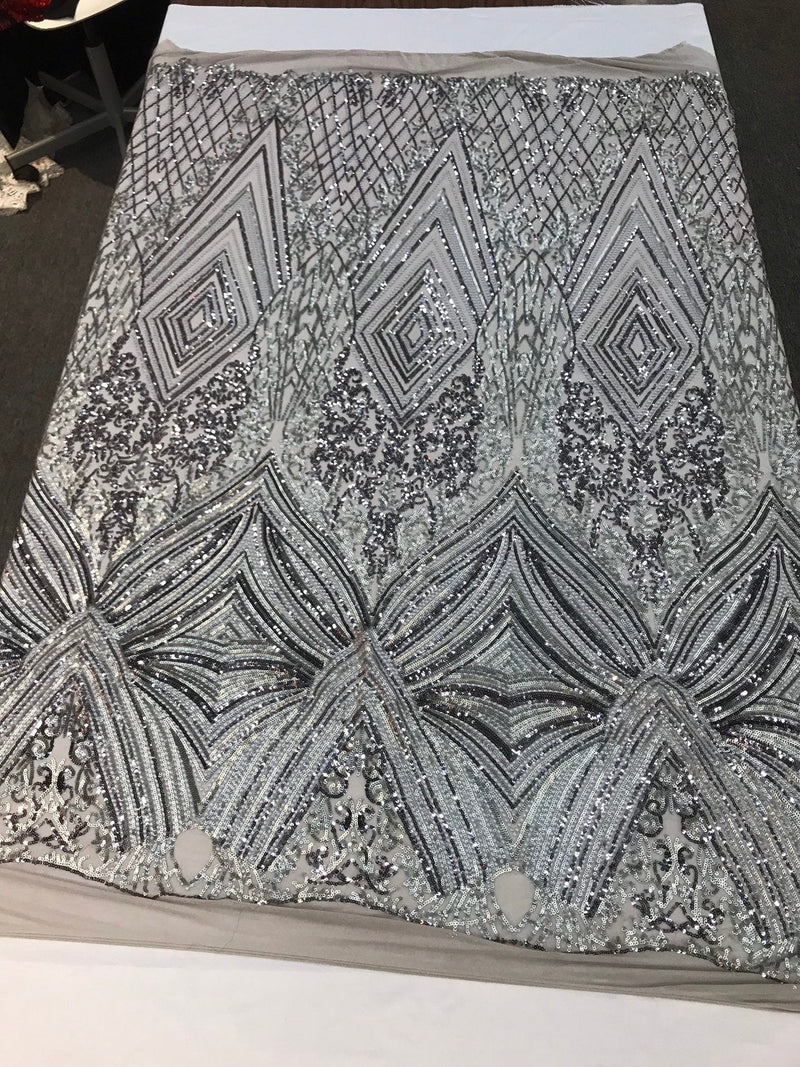 Gray sequin diamond design embroidery on a 4 way stretch mesh-dresses-fashion-prom-nightgown-sold by the yard-free shipping.