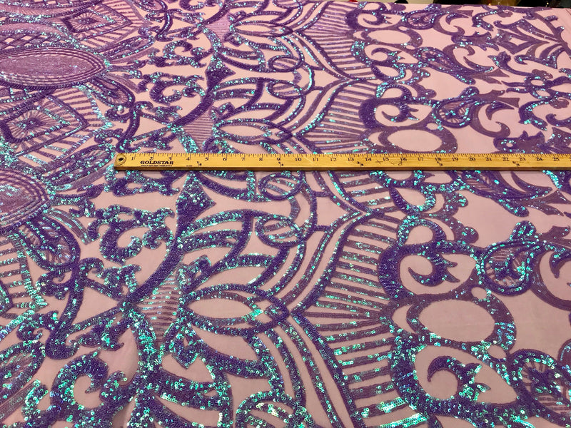 Lilac iridescent royalty design embroidery with sequins on a lilac 4 way stretch mesh-dresses-fashion-prom-nightgown-sold by the yard.