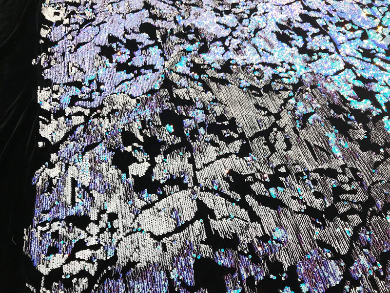 Aqua-white iridescent and reversible sequins embroidery on a 4 way stretch black velvet-dresses-fashion-sold by the yard-free shipping USA.