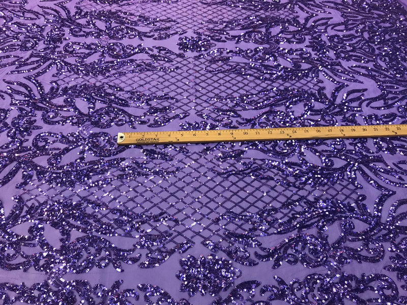 Lavender shiny sequin damask design embroidery on a 4 way stretch mesh-dresses-prom-sold by yard.