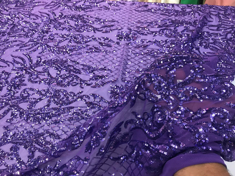 Lavender shiny sequin damask design embroidery on a 4 way stretch mesh-dresses-prom-sold by yard.