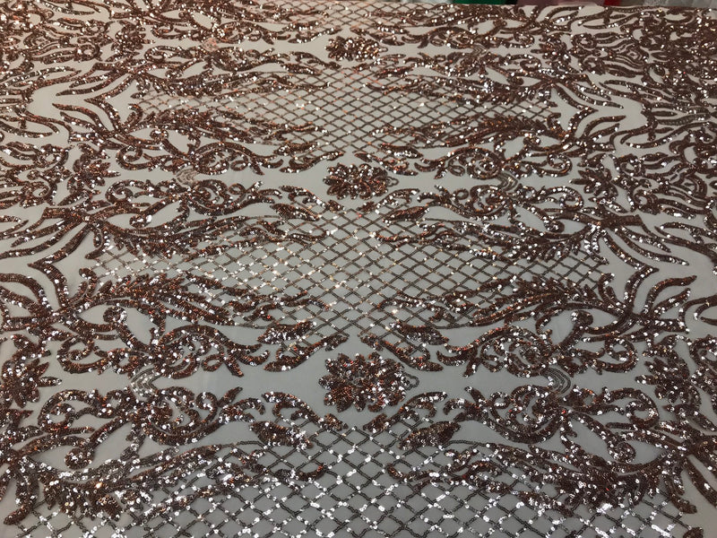 Rose gold sequin damask design embroidery on a 4 way stretch mesh-dresses-prom-sold by yard.