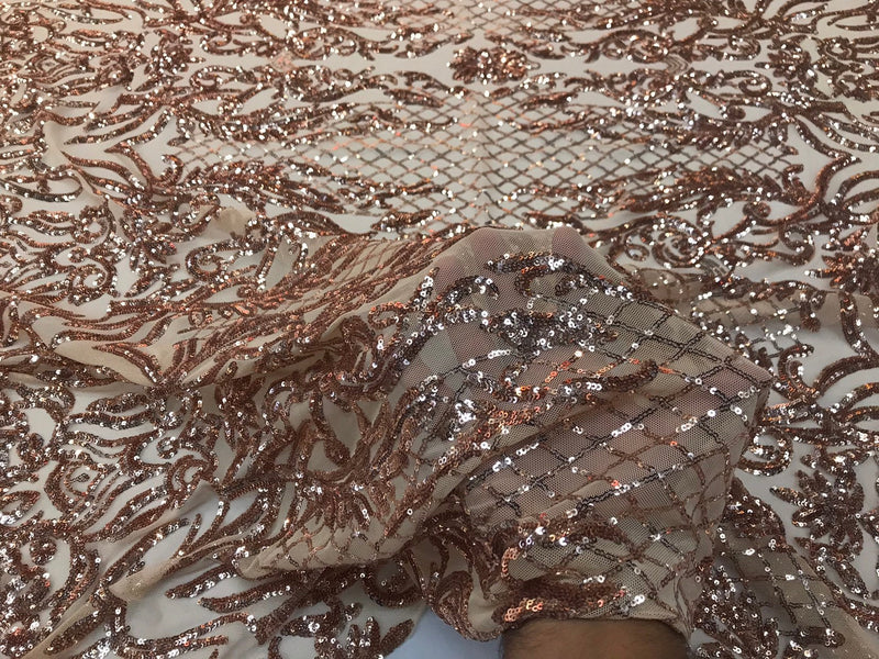 Rose gold sequin damask design embroidery on a 4 way stretch mesh-dresses-prom-sold by yard.