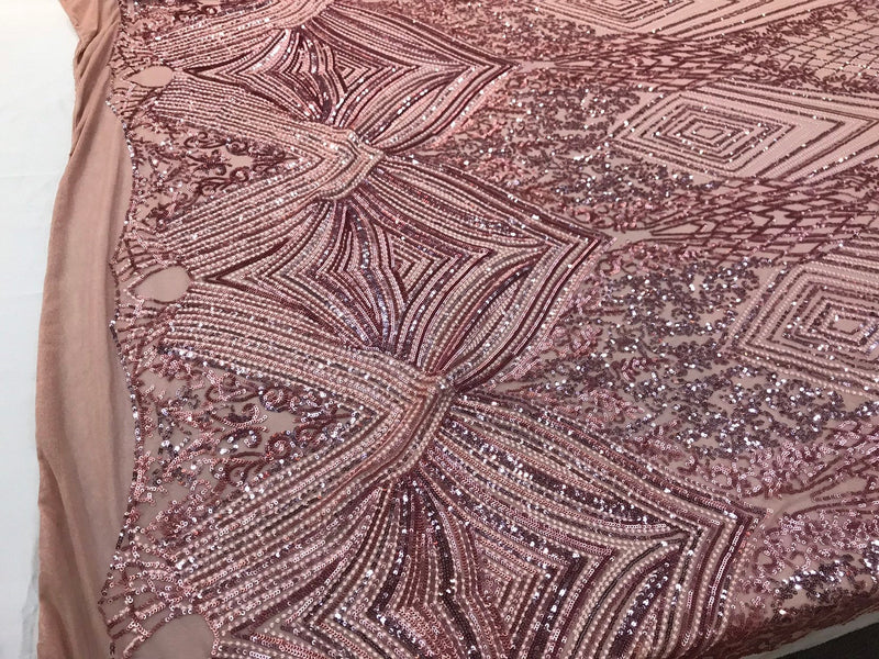 Dusty rose Sequin diamond design embroidery on a 4 way stretch mesh-sold by the yard.