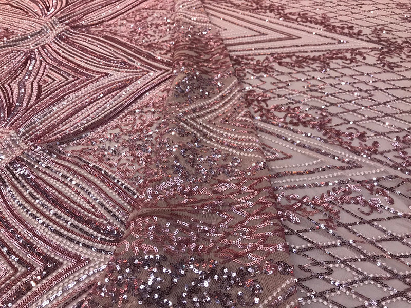 Dusty rose Sequin diamond design embroidery on a 4 way stretch mesh-sold by the yard.