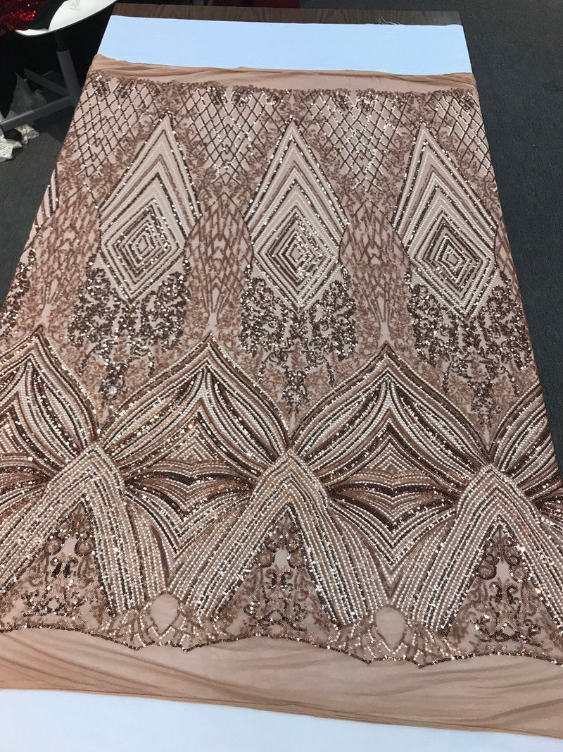 Khaki-nude sequin diamond design embroidery on a 4 way stretch mesh-dresses-fashion-prom-nightgown-sold by yard-free shipping.