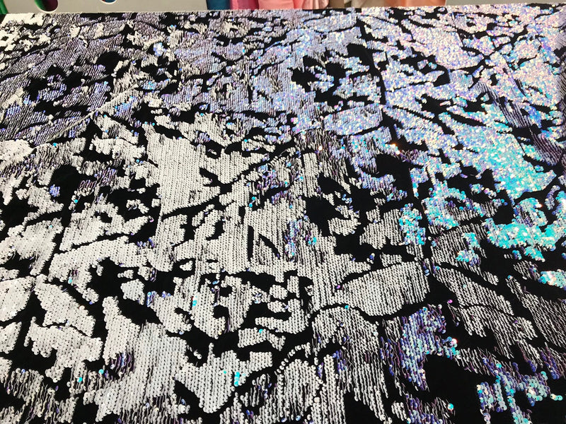 Aqua-white iridescent and reversible sequins embroidery on a 4 way stretch black velvet-dresses-fashion-sold by the yard-free shipping USA.