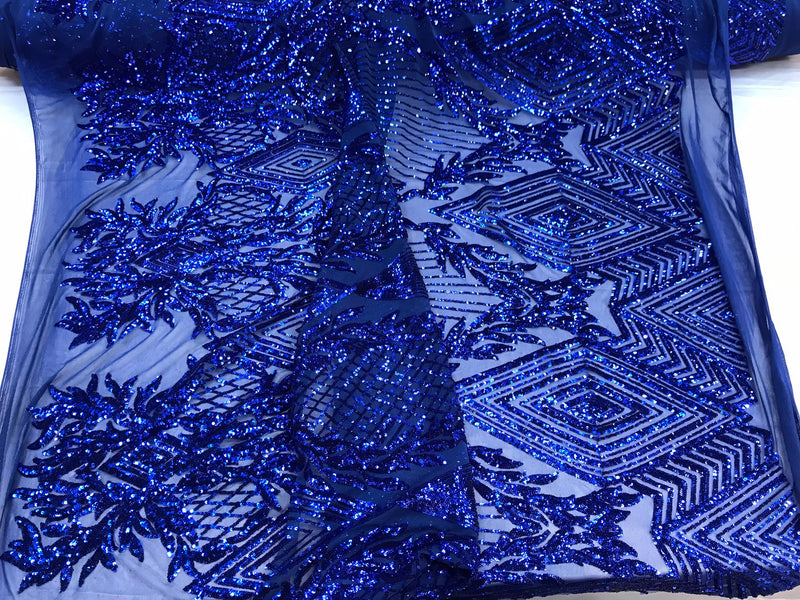 Royal blue geometric diamond design with shiny sequins on a 4 way stretch mesh-dresses-prom-nightgown-sold by yard-free shipping in the USA.