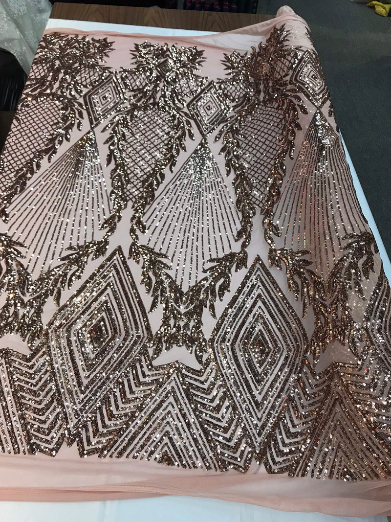 Khaki-nude geometric diamond design with shiny sequins on a 4 way stretch mesh-dresses-prom-nightgown-sold by yard-free shipping in the USA.