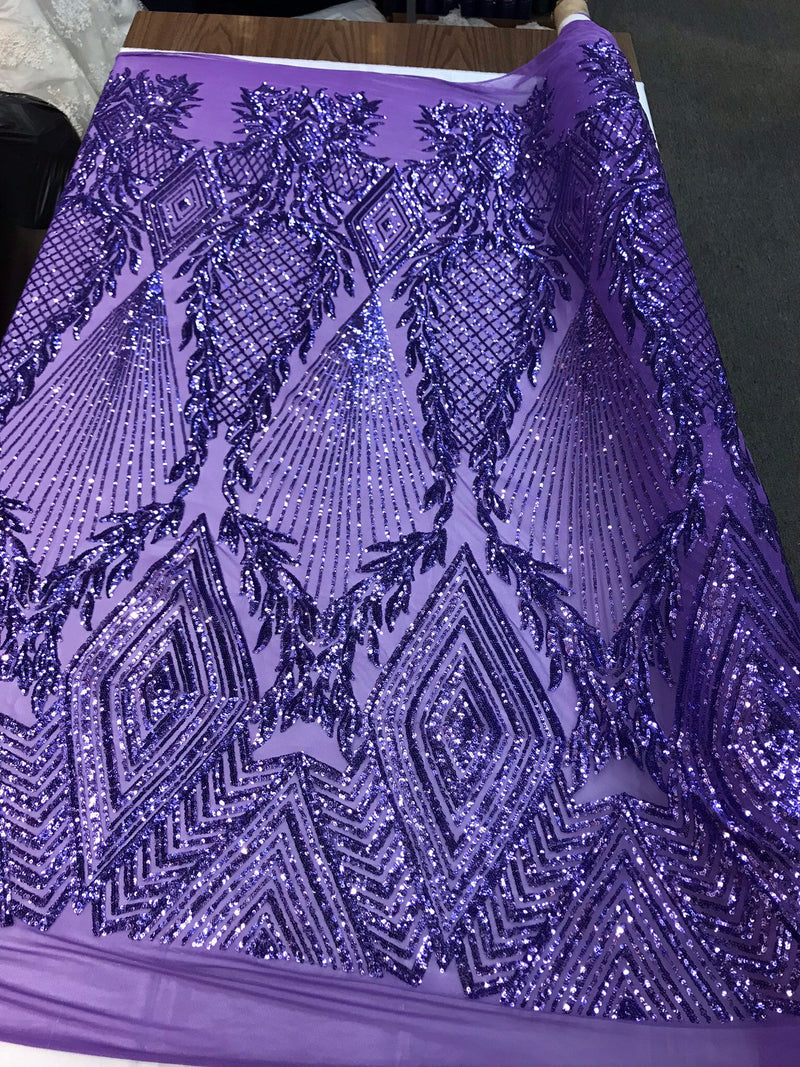 Lavender geometric diamond design with shiny sequins on a 4 way stretch mesh-sold by the yard-