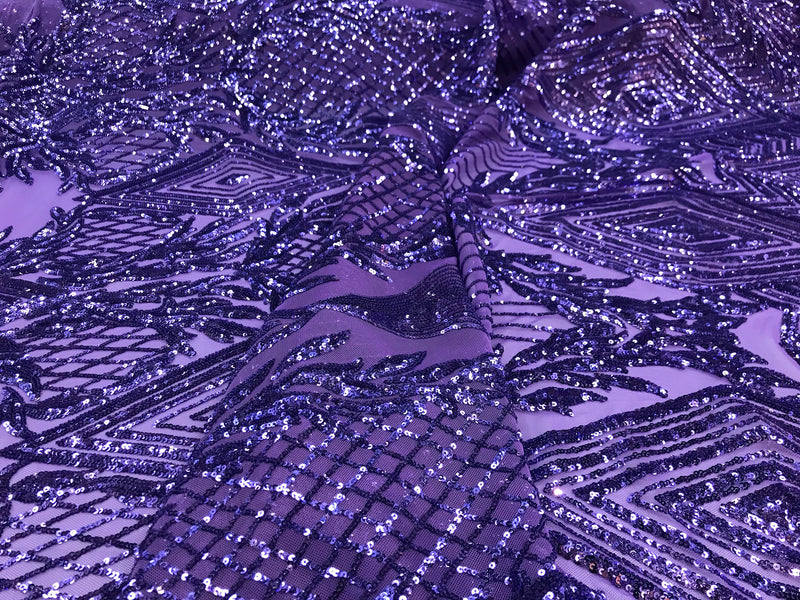 Lavender geometric diamond design with shiny sequins on a 4 way stretch mesh-sold by the yard-