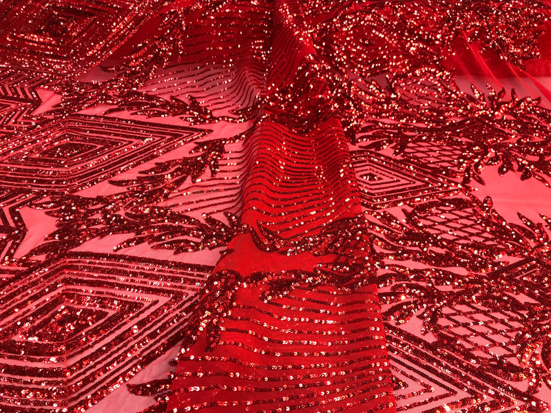 Red geometric diamond design with shiny sequins on a 4 way stretch mesh-dresses-prom-nightgown-sold by the yard-free shipping in the USA.