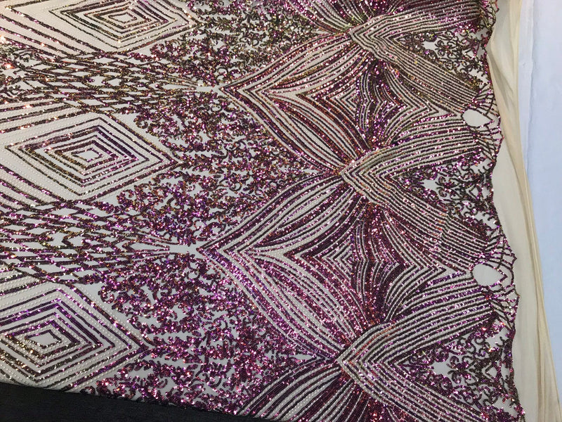 Purple-green geometric diamond design with shiny iridescent sequins on a nude 4 way stretch mesh-dresses-prom-nightgown-sold by the yard-