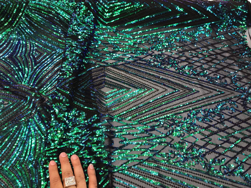 Green geometric diamond design with shiny iridescent sequins on a black 4 way stretch mesh-dresses-prom-nightgown-sold by the yard.