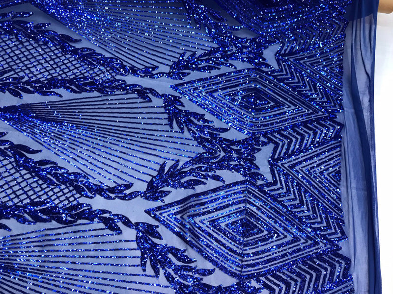 Royal blue geometric diamond design with shiny sequins on a 4 way stretch mesh-dresses-prom-nightgown-sold by yard-free shipping in the USA.