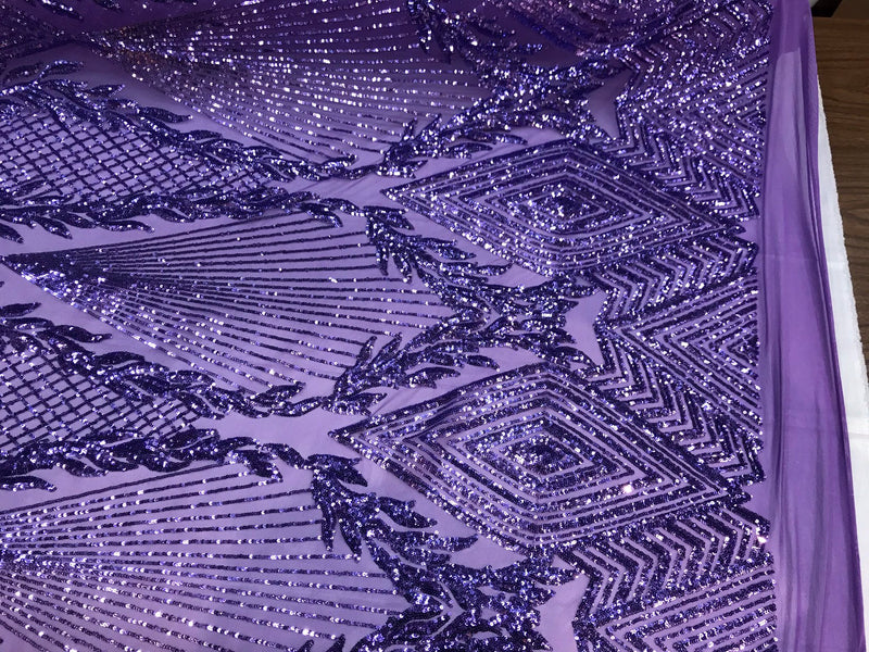 Lavender geometric diamond design with shiny sequins on a 4 way stretch mesh-sold by the yard-