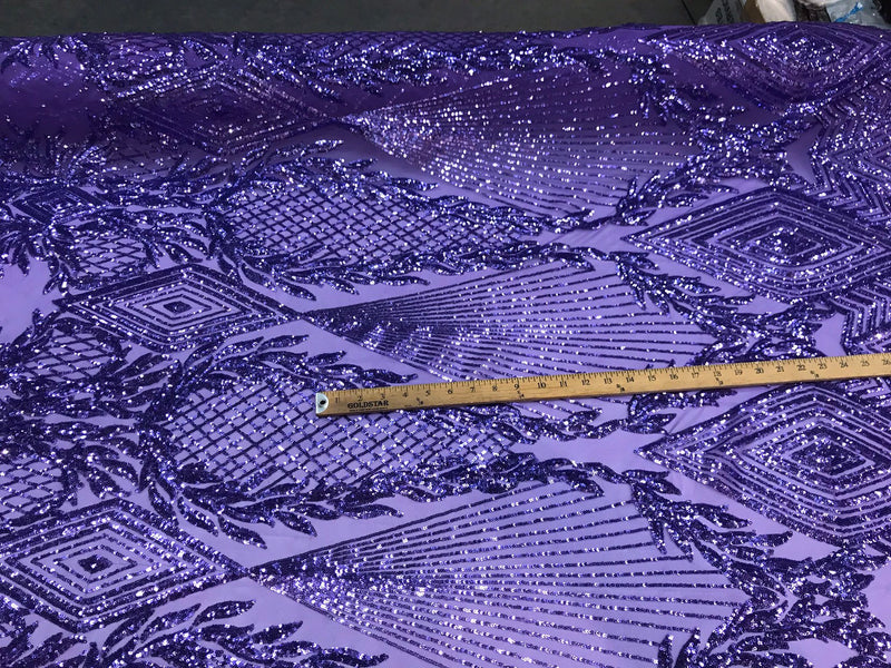 Lavender geometric diamond design with shiny sequins on a 4 way stretch mesh-sold by the yard-