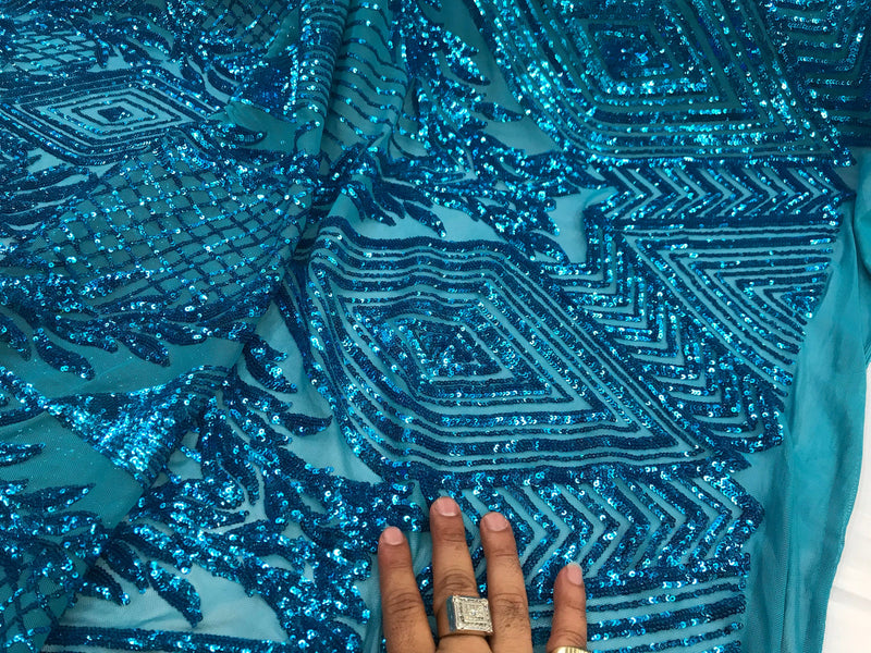 Turquoise geometric diamond design with shiny sequins on a 4 way stretch mesh-dresses-prom-nightgown-sold by the yard-free shipping in USA-