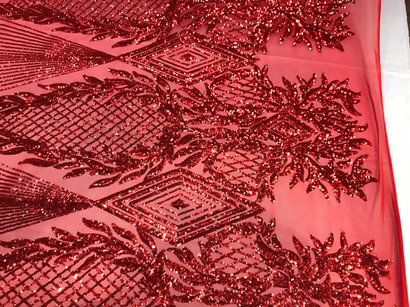 Red geometric diamond design with shiny sequins on a 4 way stretch mesh-dresses-prom-nightgown-sold by the yard-free shipping in the USA.