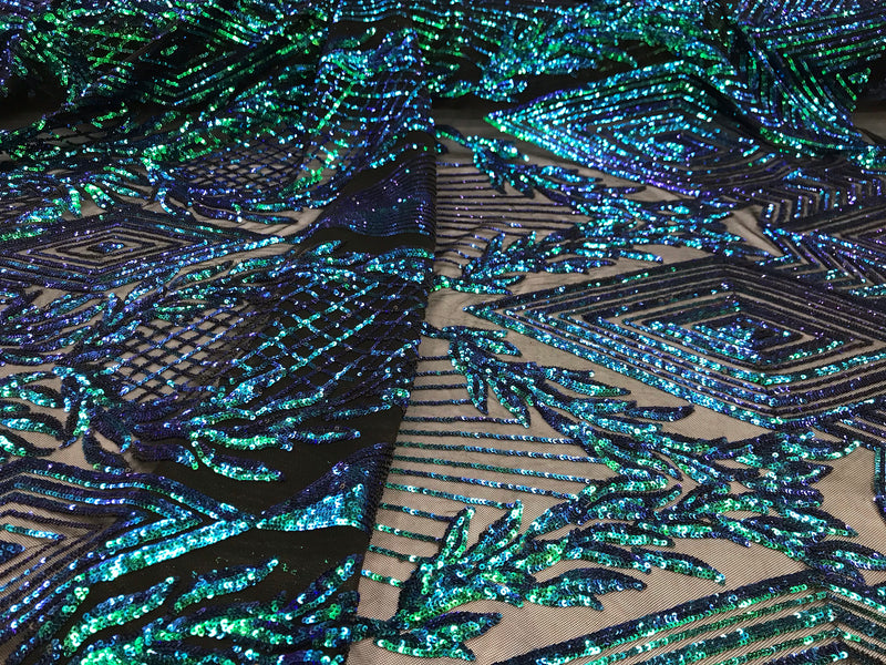 Green iridescent geometric diamond design with shiny sequins on a 4 way stretch black mesh-dresses-prom-nightgown-sold by the yard-