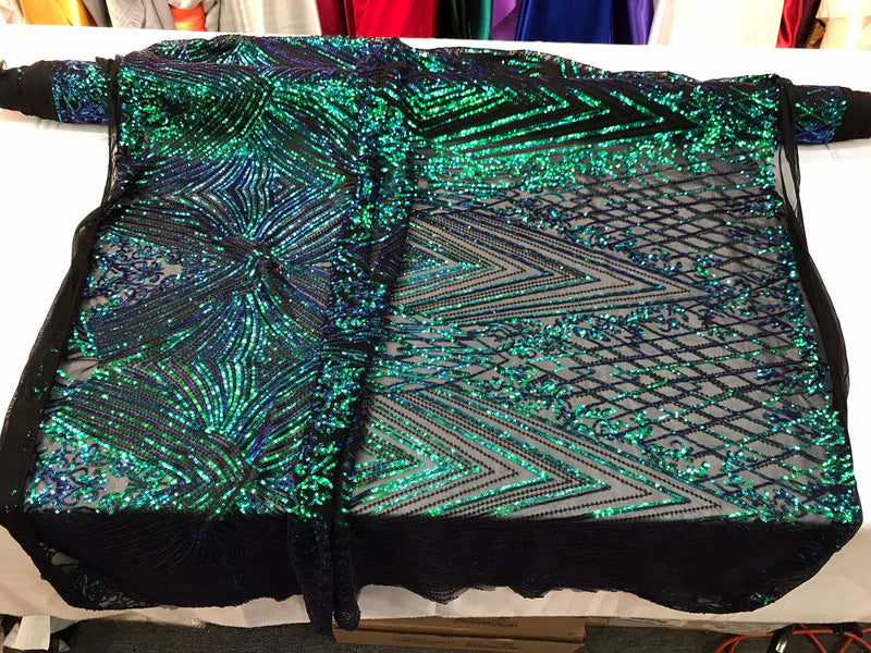 Green geometric diamond design with shiny iridescent sequins on a black 4 way stretch mesh-dresses-prom-nightgown-sold by the yard.