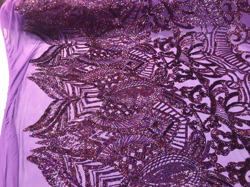 Dark purple iridescent sequin royalty design embroidery on a 4 way stretch mesh-prom-nightgown-sold by the yard-free shipping in the USA-