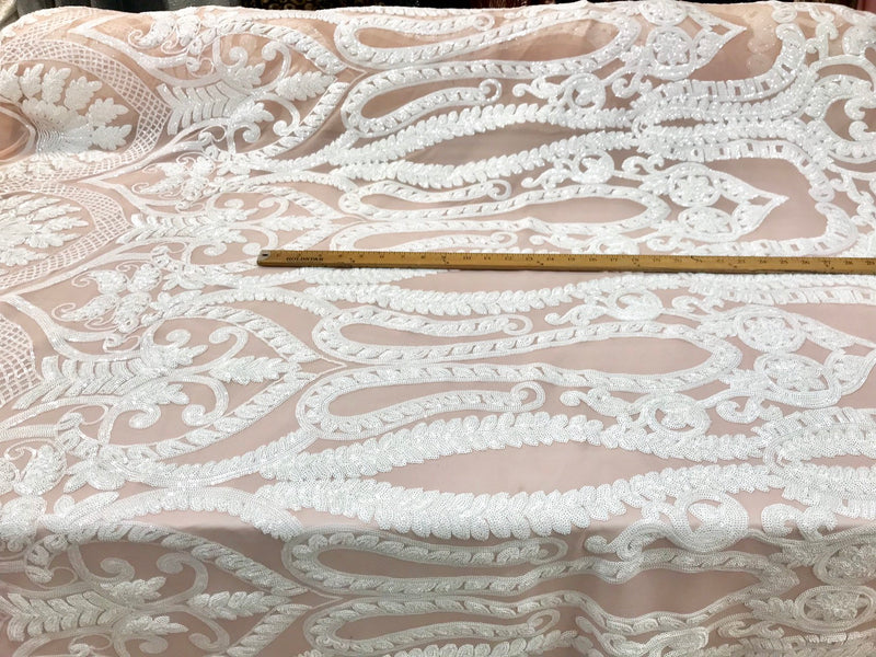 White sequin damask design  embroidery on a blush nude 4 way stretch mesh-prom-nightgown-sold by the yard-free shipping in the USA-