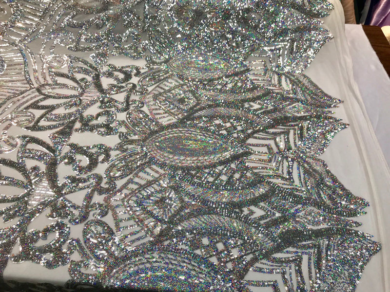 Silver iridescent shiny sequin royalty design embroidery on a 4 way stretch mesh-prom-nightgown-sold by the yard-free shipping in the USA.