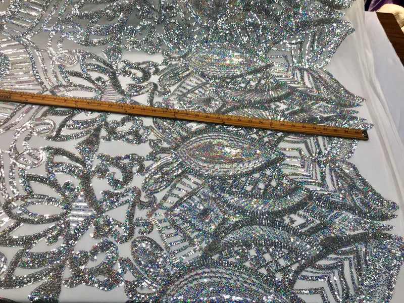 Silver iridescent shiny sequin royalty design embroidery on a 4 way stretch mesh-prom-nightgown-sold by the yard-free shipping in the USA.