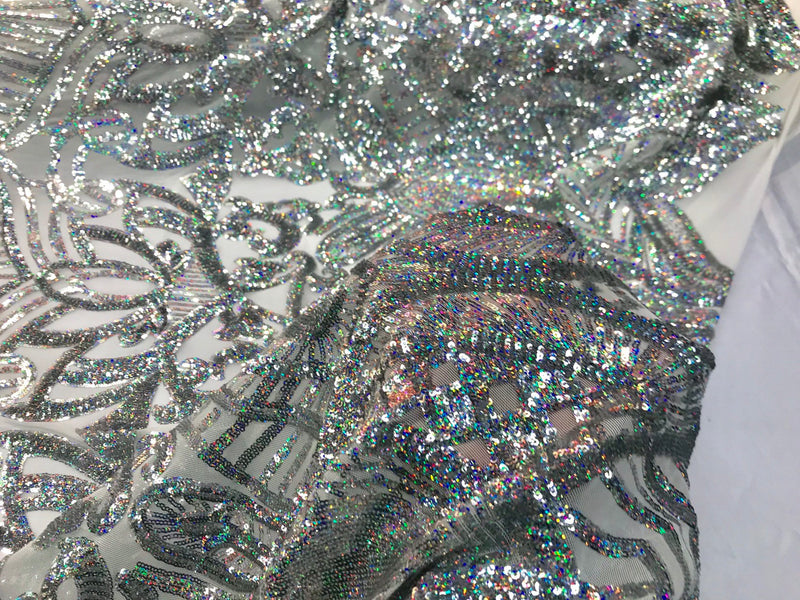 Silver iridescent shiny sequin royalty design embroidery on a 4 way stretch mesh-prom-nightgown-sold by the yard-free shipping in the USA.