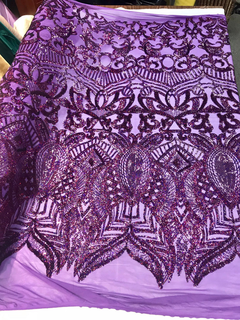 Dark purple iridescent sequin royalty design embroidery on a 4 way stretch mesh-prom-nightgown-sold by the yard-free shipping in the USA-