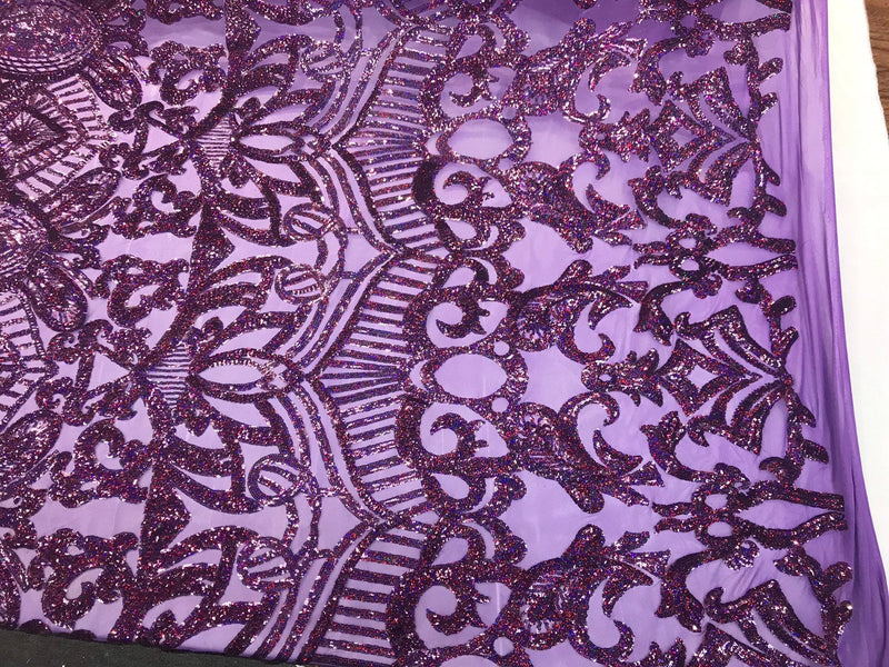 Dark purple iridescent sequin royalty design embroidery on a 4 way stretch mesh-prom-nightgown-sold by the yard-free shipping in the USA-