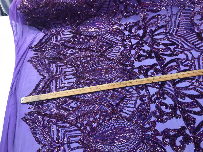 Dark purple iridescent sequin royalty design embroidery on a 4 way stretch mesh-prom-nightgown-sold by the yard-free shipping in the USA-