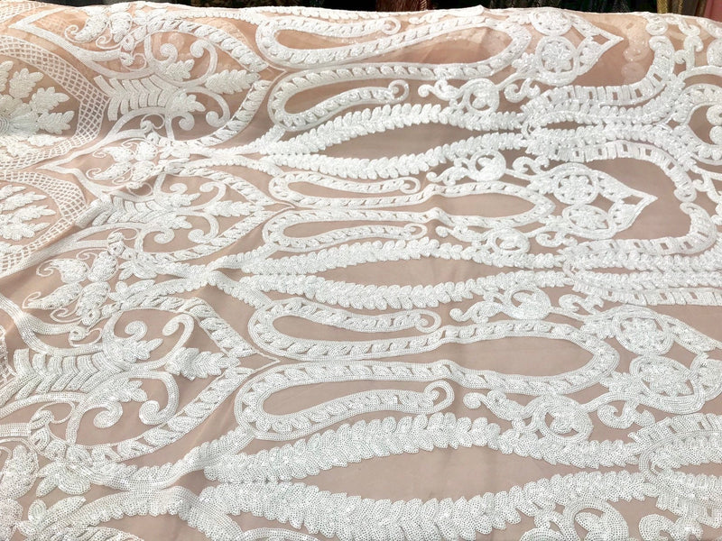 White sequin damask design  embroidery on a blush nude 4 way stretch mesh-prom-nightgown-sold by the yard-free shipping in the USA-