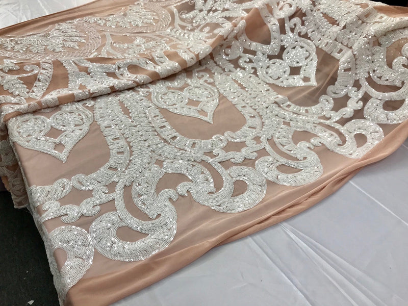 White sequin damask design  embroidery on a blush nude 4 way stretch mesh-prom-nightgown-sold by the yard-free shipping in the USA-