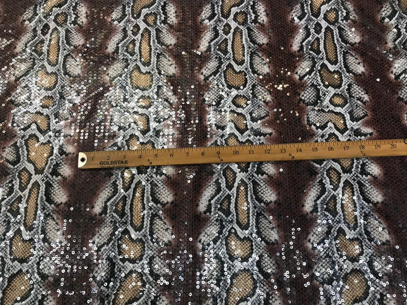 Brown-tan snake design embroidery with clear sequins on a ity spandex-sold by the yard-free shipping in the USA-