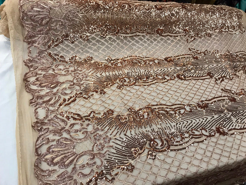 Rose gold glitter sequin damask design on a 4 way stretch nude mesh lace-prom-nightgown-sold by the yard.free shipping in the USA.