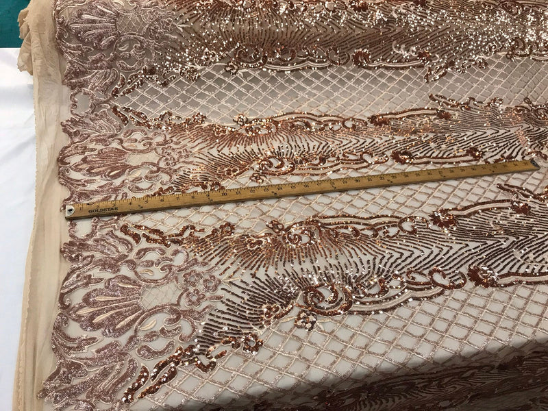 Rose gold glitter sequin damask design on a 4 way stretch nude mesh lace-prom-nightgown-sold by the yard.free shipping in the USA.