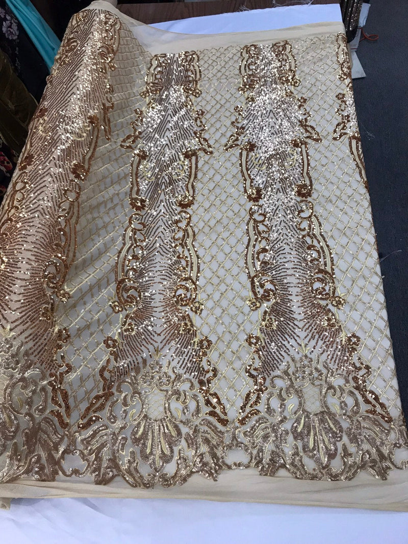 Gold glitter sequin damask design on a 4 way stretch gold mesh lace-prom-nightgown-sold by the yard-free shipping in the USA-