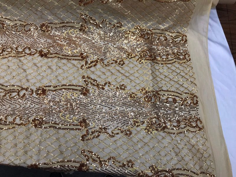 Gold glitter sequin damask design on a 4 way stretch gold mesh lace-prom-nightgown-sold by the yard-free shipping in the USA-