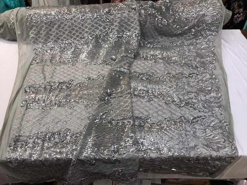 Silver glitter sequin damask design on a 4 way stretch silver mesh lace-prom-nightgown-sold by the yard-free shipping in the USA.